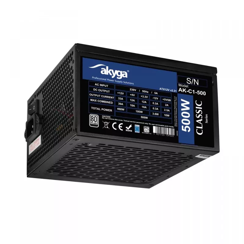 Fonte de alimentação ATX Akyga Classic AK-C1-500 500 W, 80 PLUS, PFC ativo, ventoinha de 120 mm