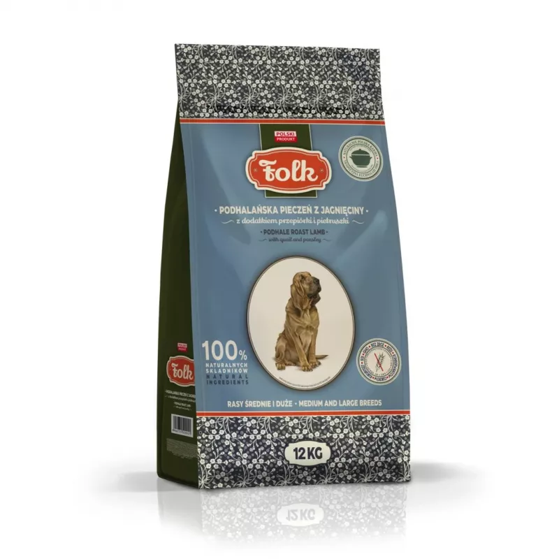 FOLK raças médias e grandes assado de borrego à moda de Podhale com codorniz e salsa - comida seca para cães - 12 kg