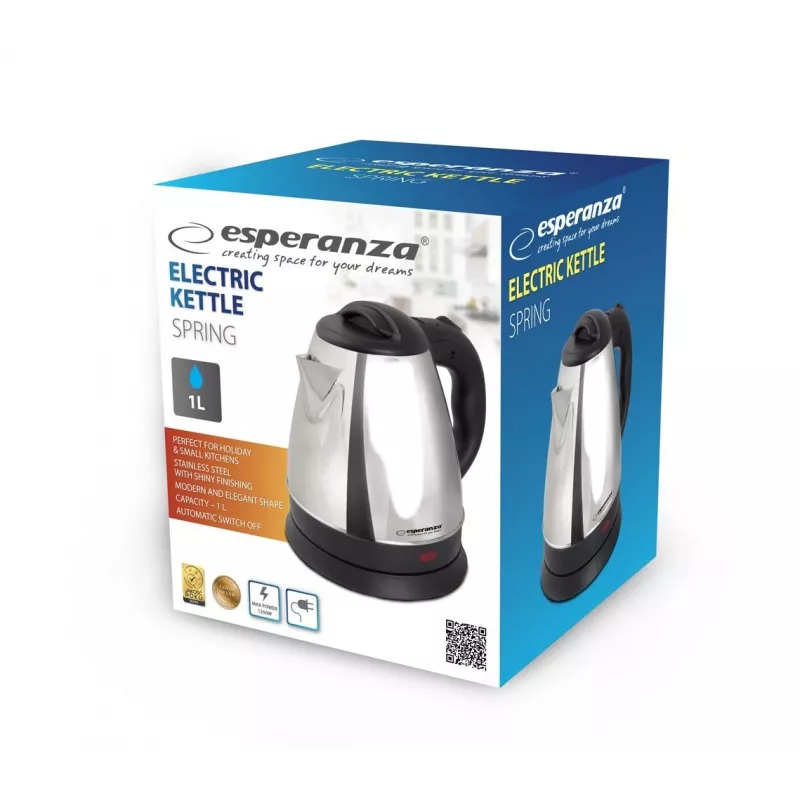 Chaleira elétrica ESPERANZA 1,0 L aço inoxidável e plástico, 1350 W, sem fios, desligamento automático