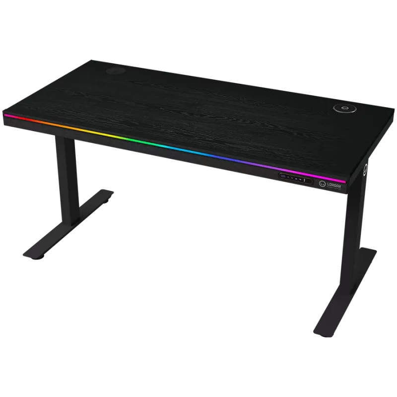 Secretária gaming de altura ajustável com motor duplo, carregador sem fios, iluminação RGB, painel de controlo e portas USB, tampo com superfície de melamina PB, preto