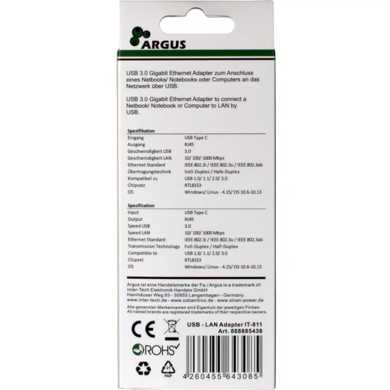 Inter-Tech Argus IT-811 - Adaptador de rede - USB-C - Gigabit Ethernet - Preto (88885438)
