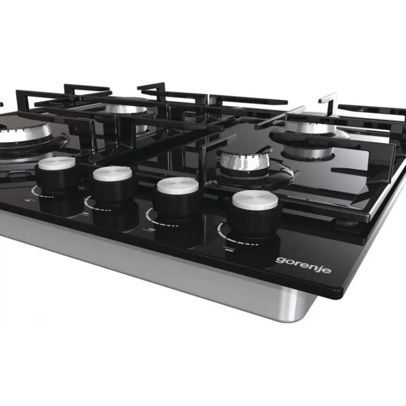 Fogão a gás Gorenje GT641KB, encastrar 60 cm, 4 zonas a gás, vidro temperado, grelhas de ferro fundido, botões rotativos