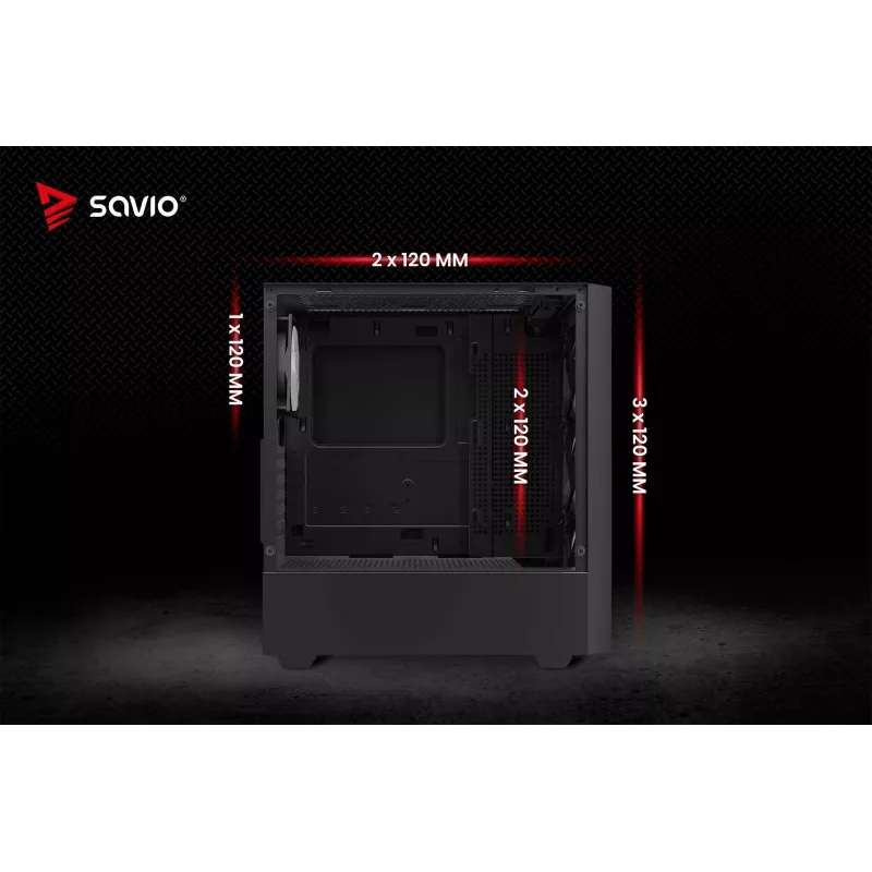 Caixa de PC SAVIO Noctis Flow RGB — Cube, ATX/Mini-ITX, 3 ventoinhas frontais de 120 mm, janela lateral em vidro temperado, GPU máx. 35 cm