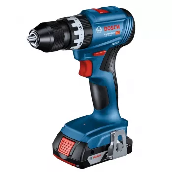 Berbequim aparafusador com bateria Bosch GSB 18 V — 18 V, 4 Ah Li‑Ion, 45 N·m, 500/1900 rpm, 35 mm madeira, 10 mm aço, 2 baterias, carregador, mala