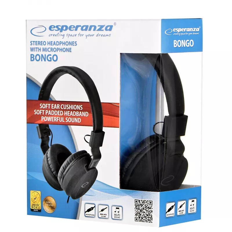 Auscultadores ESPERANZA BONGO EH212K — com fios, arco de cabeça, 20–20000 Hz, cabo de 1,5 m, preto