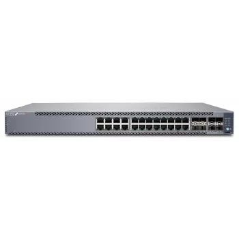 Juniper EX4100 24 portas 10/100/1000BaseT PoE+, 4x portas uplink 10G SFP+, 4x portas stacking/uplink 25G SFP28, ventoinhas redundantes, 1 fonte de alimentação AC JPSU-920-AC-AFO incluída (óticas vendidas separadamente) com SW padrão. Conforme TAA. (EX4100-24P)
