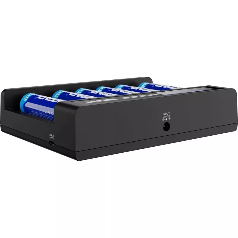 Carregador XTAR MC6C multi-slot inteligente para células cilíndricas Li-Ion, 6 slots, suporta 18650/21700/AA, entrada 5V, preto
