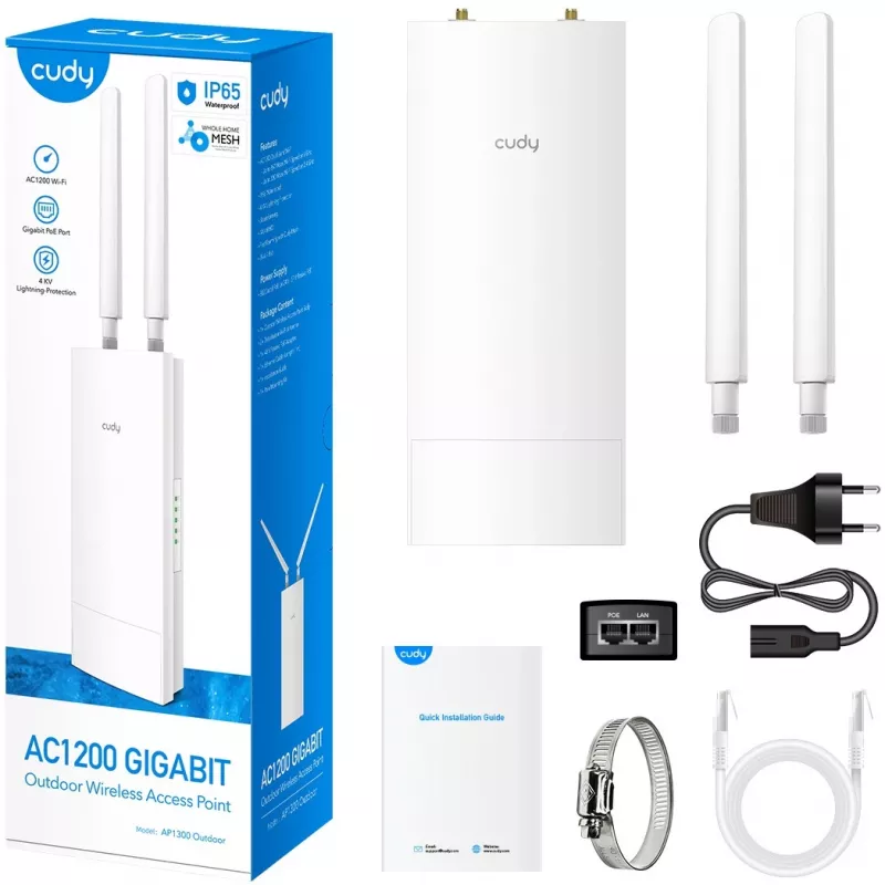 Access Point Cudy AP1300 Outdoor — Banda dupla 2,4/5 GHz, 300/867 Mbit/s, IP65, PoE, 2 antenas externas RP‑SMA