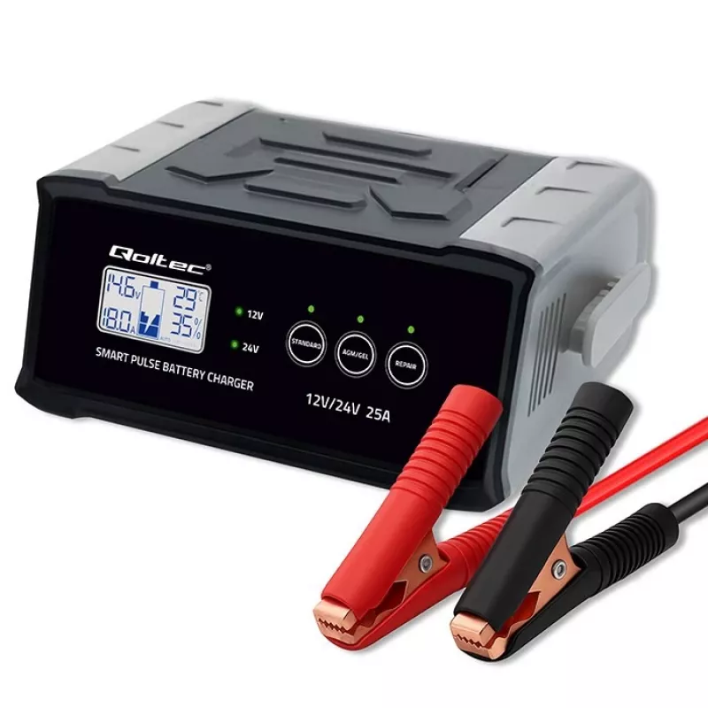 Carregador de bateria QOLTEC 52514 — 12V/24V, 25A, para baterias AGM/GEL/SLA com visor LCD