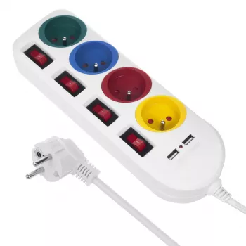 Extensão elétrica MACLEAN MCE229W — 4 tomadas, 2× USB, cabo de 1,5 m, Type F, 10 A, branco