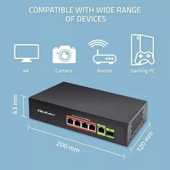 Switch Ethernet PoE QOLTEC 52296 — 4 portas RJ45 PoE, 1 uplink RJ45