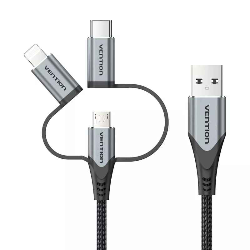 Cabo Vention USB 2.0 A macho para 3-em-1 Micro-B&USB-C&Lightning macho 1M cinzento liga de alumínio