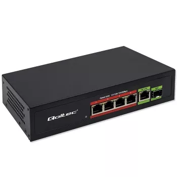 Switch Ethernet PoE QOLTEC 52296 — 4 portas RJ45 PoE, 1 uplink RJ45