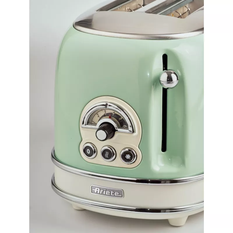 Torradeira Ariete 155 Design de 2 fatias com cestos para sanduíches, 6 níveis de tostagem, 810 W, caixa em aço inoxidável, gaveta de migalhas removível, verde pastel