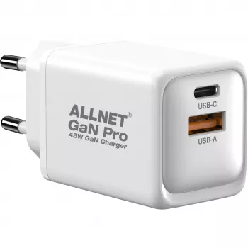 Fonte de alimentação ALLNET PSU-GaNPD-USB-1A1C-45W carregador USB-C PD e USB-A QC 45W GaN