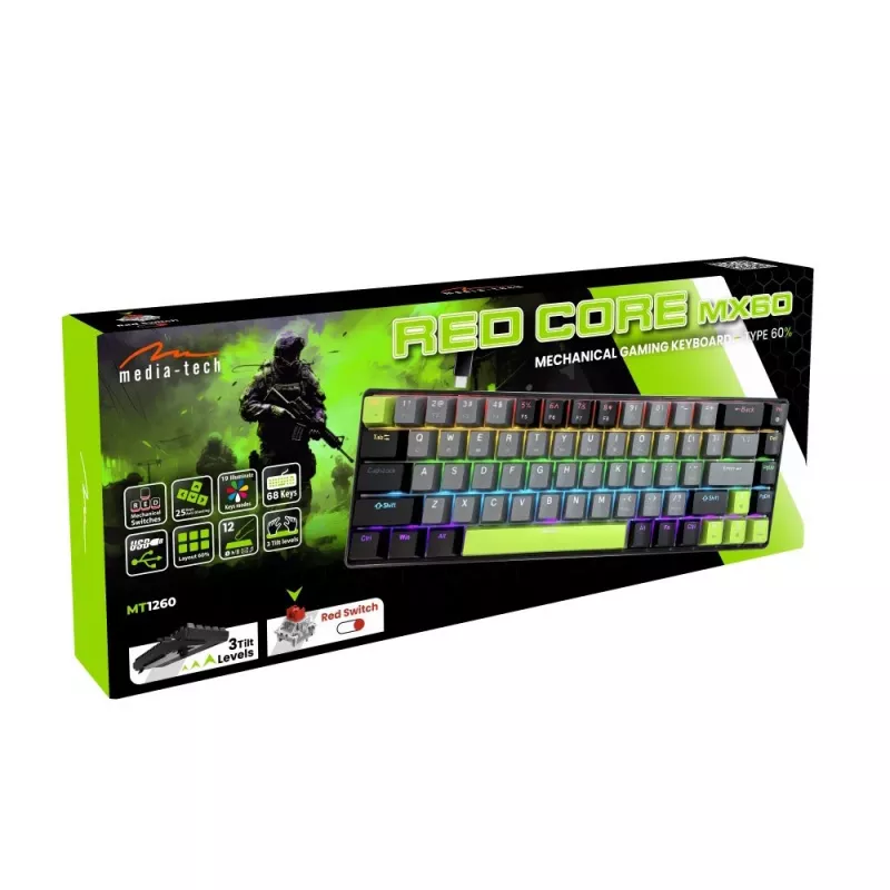 Teclado mecânico MEDIA-TECH MT1260 Red Core MX60, fator de forma 60%, interruptores CHERRY MX Red, iluminação RGB, USB, verde