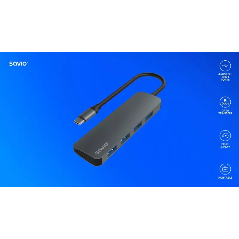 Hub USB SAVIO AK-54 — 4 x USB-A (USB 3.2 Gen 1), host USB-C, preto