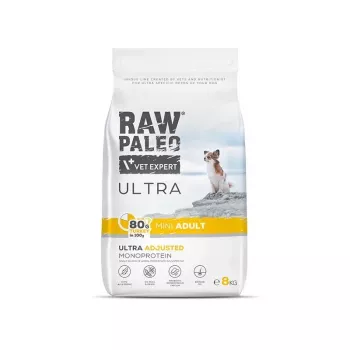 Comida seca para cães VETEXPERT RAW PALEO Ultra Mini Adult Turkey 8 kg — alimento completo para cães adultos de raças pequenas, 24,5 % de proteína, 14 % de gordura