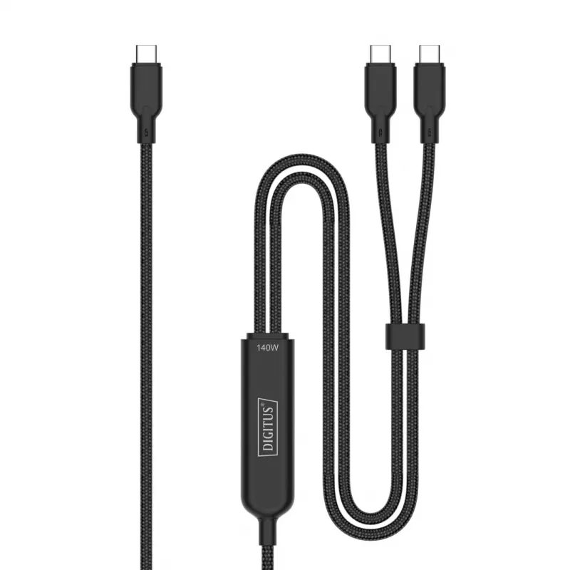 Cabo de carregamento USB-C 2em1 DIGITUS 140W, USB-C para 2×USB-C, 1,8 m, USB 2.0, preto
