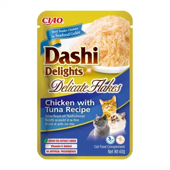 Snacks húmidos para gatos INABA Dashi Delights flocos delicados de frango com atum 40 g saqueta