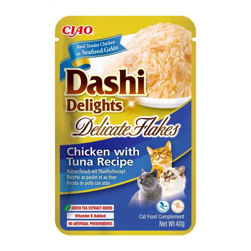 Snacks húmidos para gatos INABA Dashi Delights flocos delicados de frango com atum 40 g saqueta