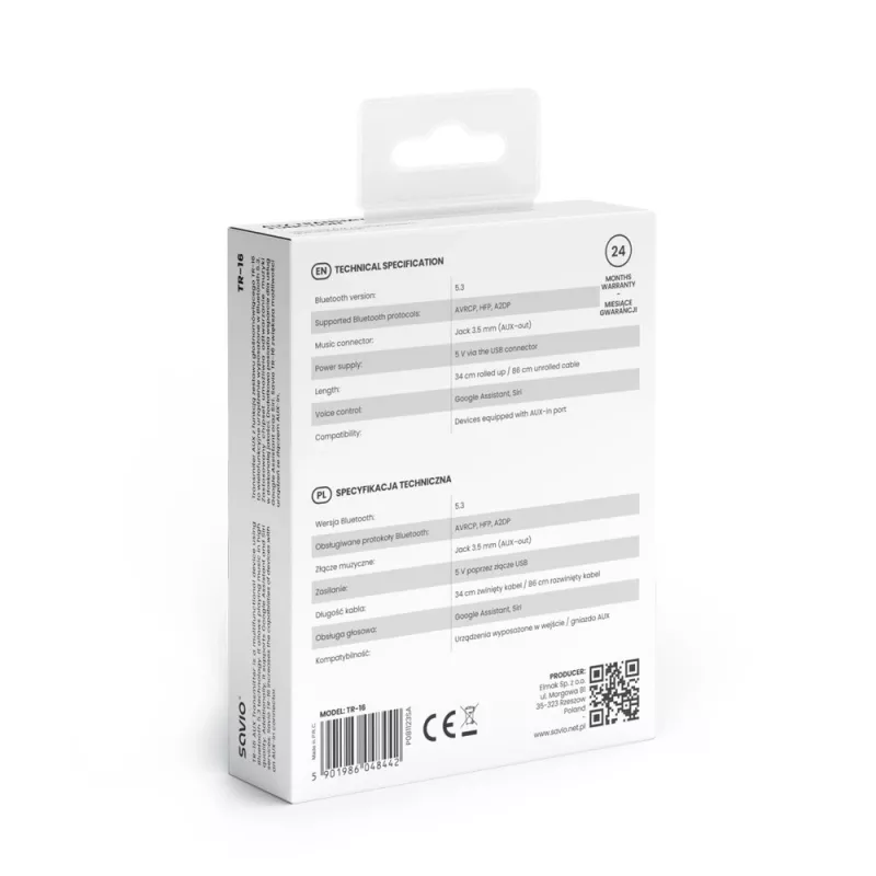 Savio TR-16 transmissor adaptador AUX com função mãos-livres, Bluetooth 5.3, Google Assistant/Siri