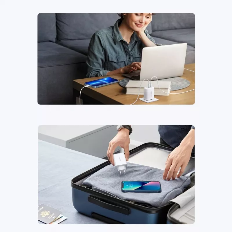 Carregador de parede UGREEN CD275 2× USB Type-C 65W Branco — Carregamento rápido Dual-USB-C 65W, entrada 100–240V