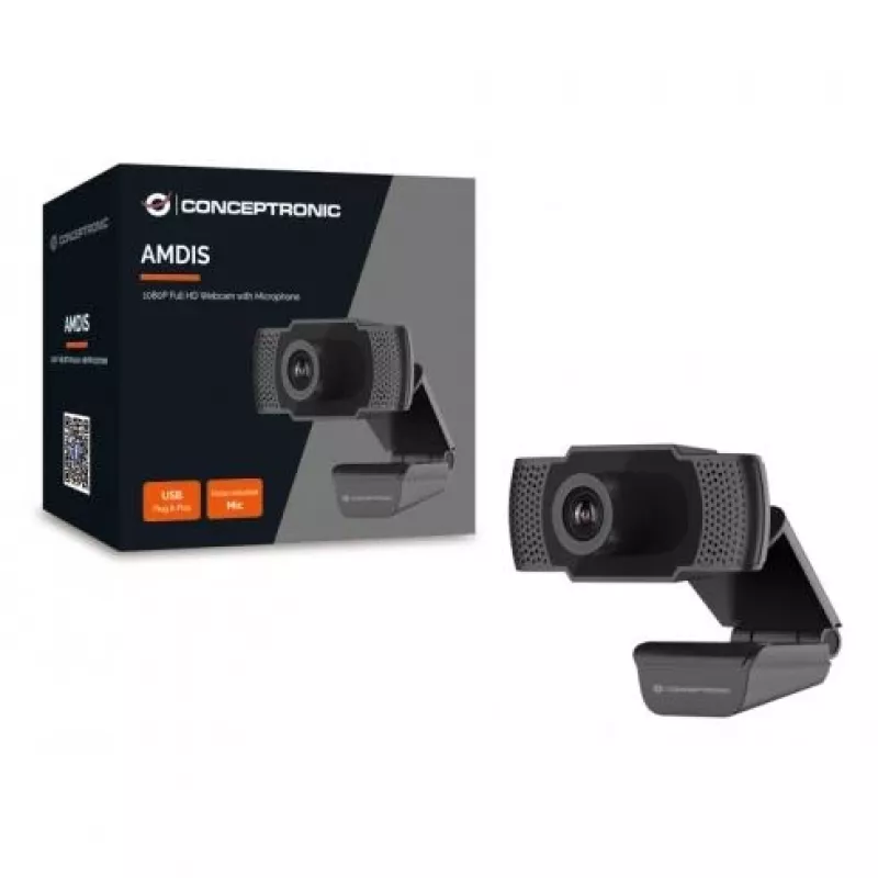 Webcam Conceptronic AMDIS 1080P Full-HD com microfone, 2 MP, 1920 x 1080 píxeis, Full-HD, 30 fps, H.264, M-JPEG, YUV, 90°