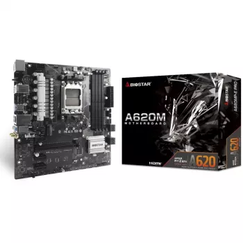 Placa-mãe BIOSTAR A620MP-E PRO — AMD A620 microATX, socket AM5, DDR5, 4 DIMM, máx. 128 GB, LAN 2,5Gb