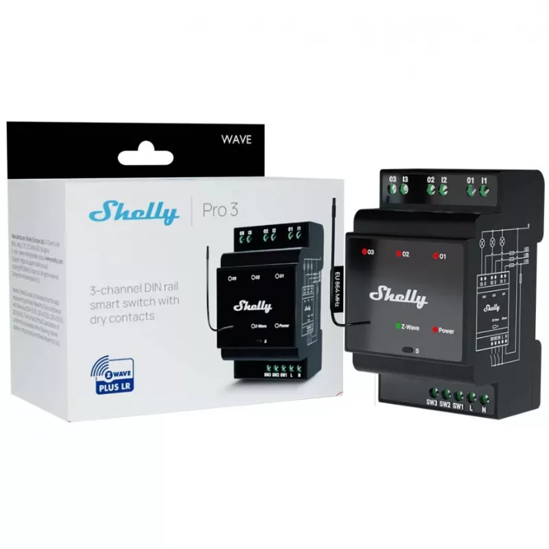 Relé inteligente Shelly Wave PRO 3 — preto, caixa de plástico, 110–240 V AC, 50–60 Hz, 0,3 W, 53×59×96 mm