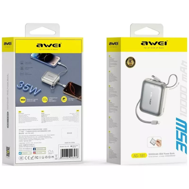 Powerbank Awei AS-181 10000mAh 35W com cabo integrado