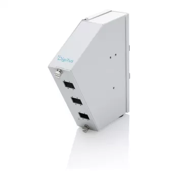 Distribuidor de fusão de fibra ótica para calha DIN DIGITUS DN-96894 — angular, 6 SC SX / LC DX, alumínio, cinzento