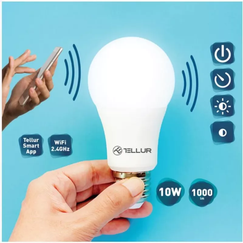 Lâmpada inteligente Tellur WiFi E27, 10W branco/quente, regulável