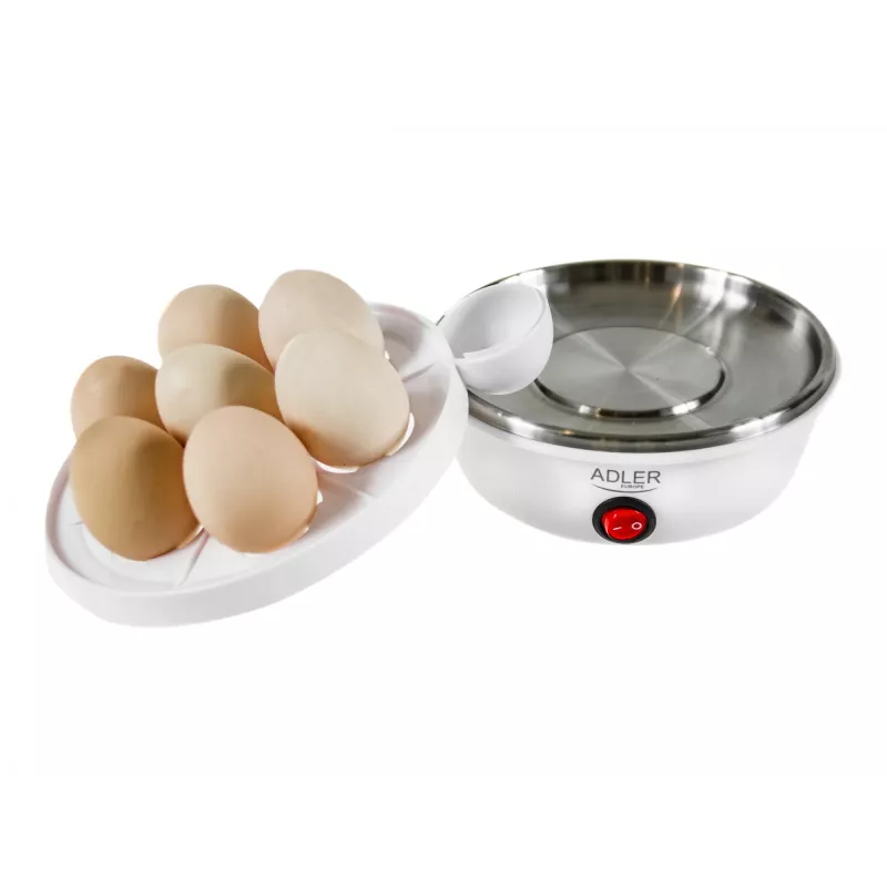 Ovoqueira Adler AD 4459 — capacidade para 7 ovos, 450 W, branco, controlo por botões, sinal de pronto