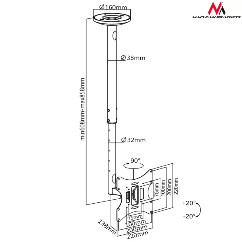 Suporte de teto para TV Maclean MC-504A B 23-42 50 - 85 cm 30kg preto