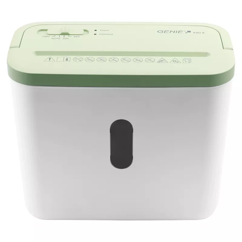 Destruidora de documentos Genie 440 X GR — Corte cruzado 4 x 38 mm, cesto de recolha de 8 L, 300 W, Verde/Branco