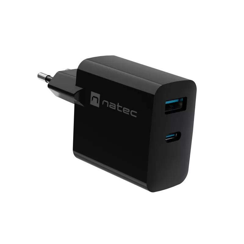 Carregador com fios para dispositivos móveis NATEC NUC-2143, 45 W, USB-C PD 3.0 + USB-A QC 3.0, 110–240 V, preto