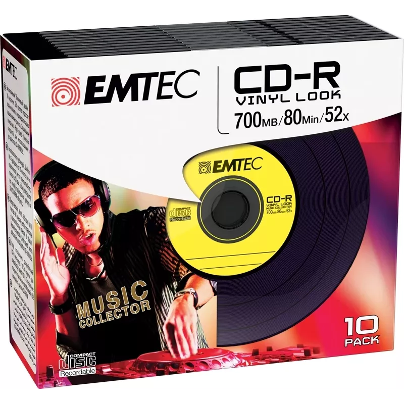EMTEC Vinyl Look - 10 x CD-R - 700 MB (80 Min) 52x - azul, amarelo, lilás, verde, rosa - Slim Jewel Case