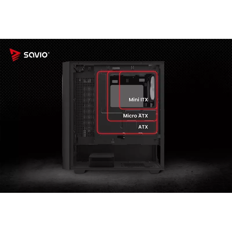 Caixa de PC SAVIO Noctis Flow RGB — Cube, ATX/Mini-ITX, 3 ventoinhas frontais de 120 mm, janela lateral em vidro temperado, GPU máx. 35 cm