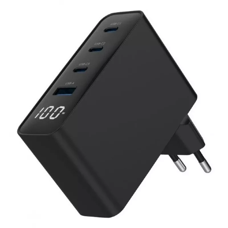 Carregador Gembird TA-UC-PDQC100LCD-01-BK para dispositivos móveis, portátil, smartphone, preto, carregamento rápido AC, interior