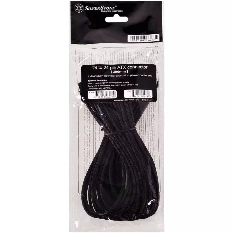 SilverStone SST-PP07-MBB cabo de extensão ATX de 24 pinos, 30 cm, preto