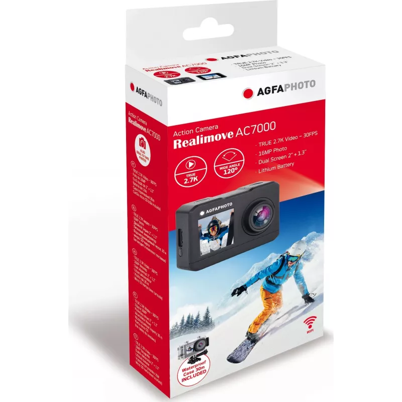 Action cam AgfaPhoto Action câmara de ação 16 MP 2K Ultra HD CMOS Wi-Fi 58 g (AC7000BK)