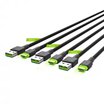 Cabo USB-C Green Cell KABGCSET02 1,2 m (USB-A para USB-C, 2,4 A, 480 Mbit/s) pack de 3 com retroiluminação LED
