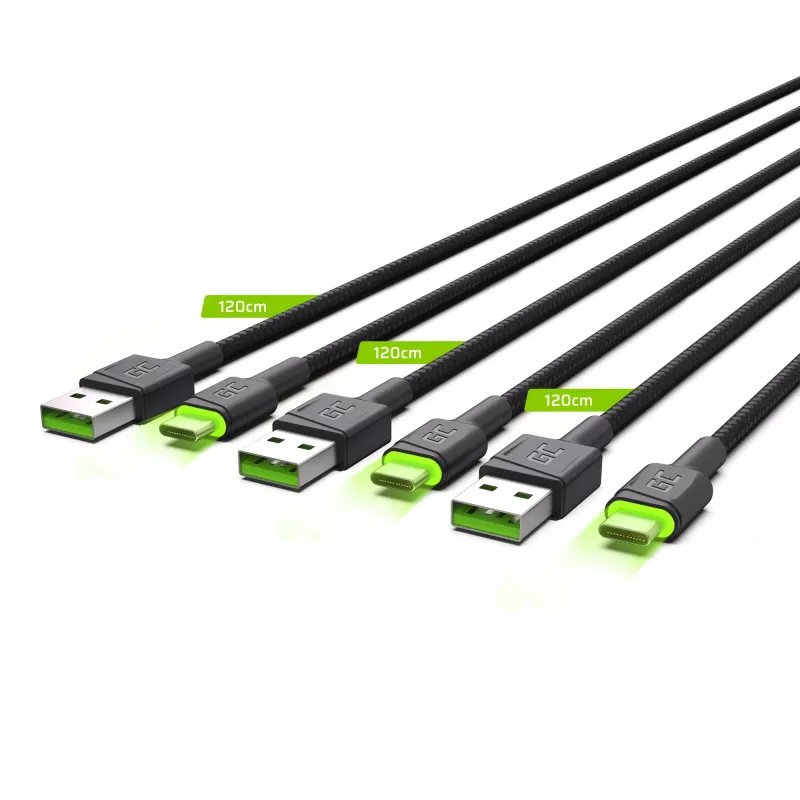 Green Cell Ray KABGCSET02 conjunto de cabos USB-A para USB-C (3 un.), 1,2 m, 480 Mbps, retroiluminação LED verde