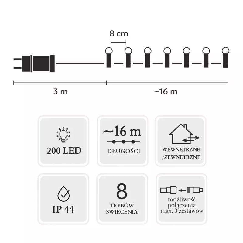 Fio de luzes LED Extralink 200 lâmpadas branco frio, diâmetro 3+ mm, comprimento 16 m