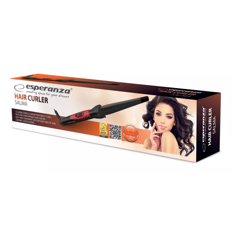 Esperanza SALMA EBL007 modelador de cabelo cónico, cilindro de cerâmica 13–25 mm, 25 W, cabo giratório de 1,7 m, preto/rosa
