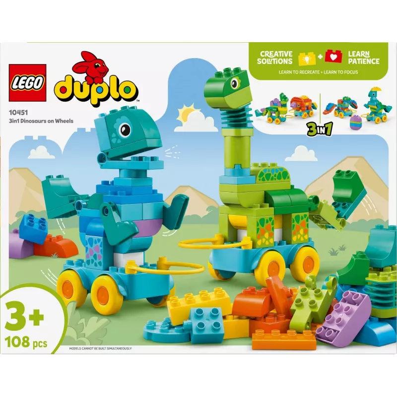Brinquedo de construção LEGO DUPLO 10451 Dinossauros sobre Rodas conjunto 3-em-1, 108 peças, idade 3+, altura 220 mm