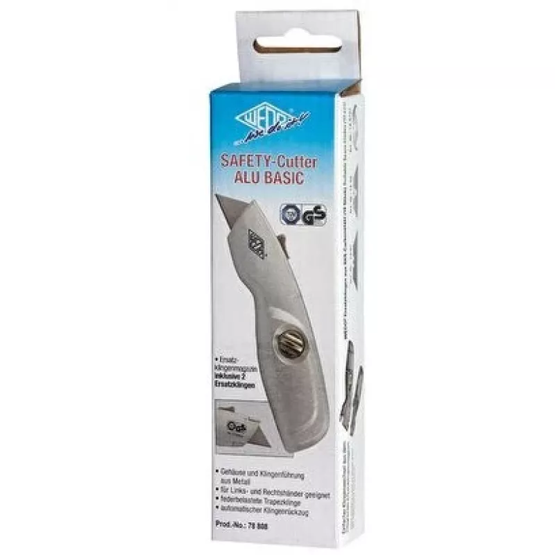 WEDO 78808 Safety-Cutter ALU x-ato, lâmina trapezoidal, com mola, retração automática, 2 lâminas sobresselentes, TÜV/GS, prateado
