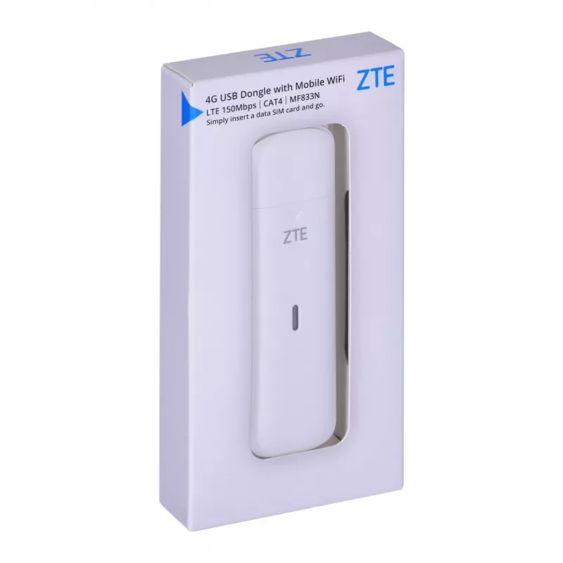 Modem USB móvel ZTE MF833N, formato USB portátil, 4G LTE-FDD/TDD até 150 Mbit/s, suporte HSUPA/2G, slot microSD, branco