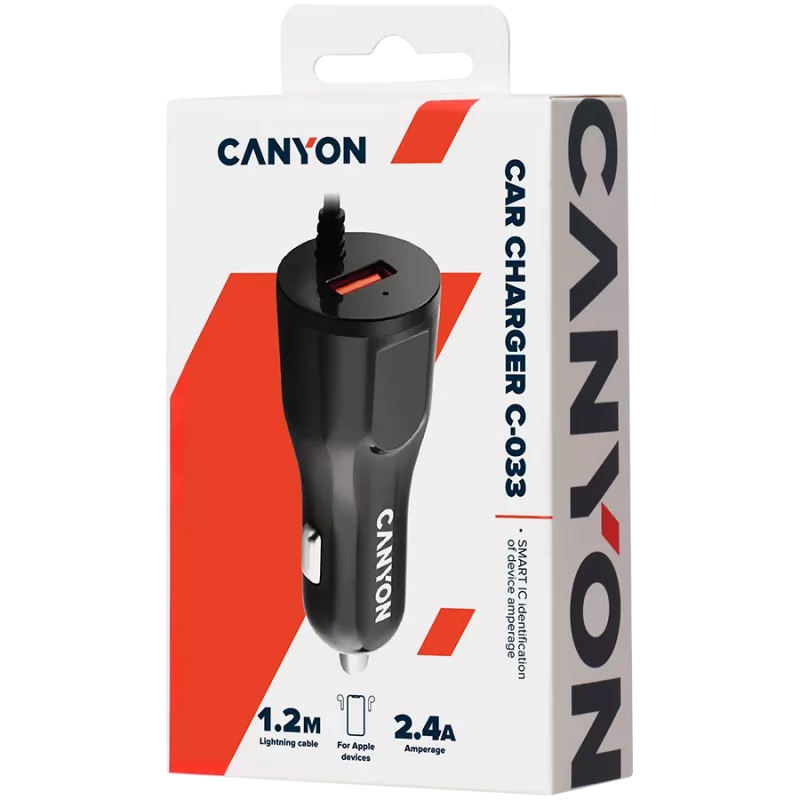 Carregador de automóvel CANYON C-033 2,4A/USB-A com conector Lightning integrado preto